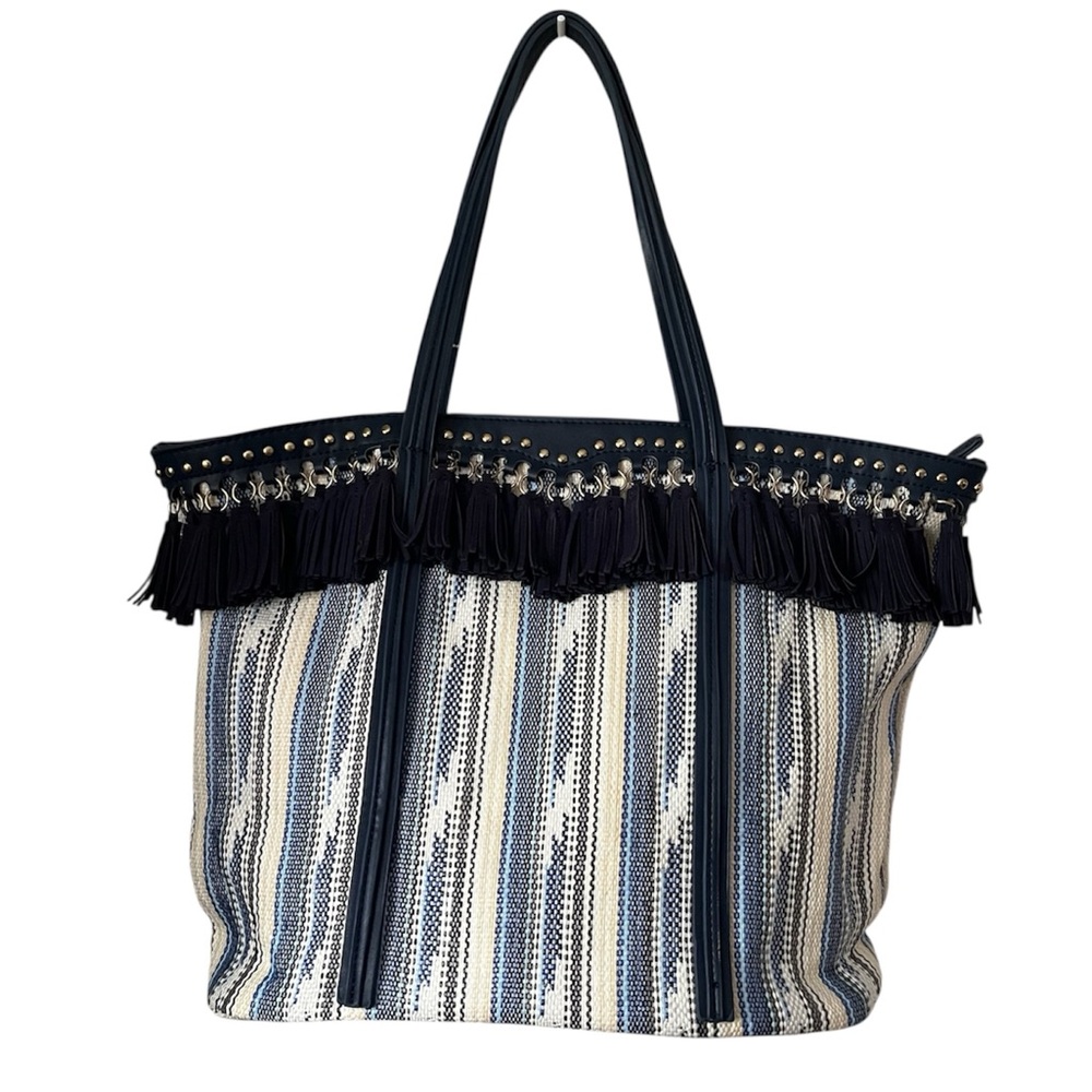 Sondra Roberts Squared, tassel fringe & studded striped tote bag.